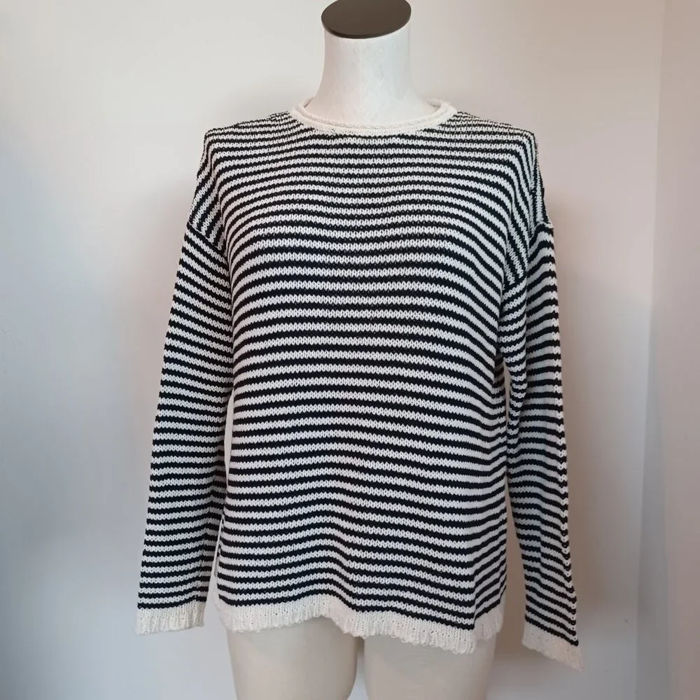 Eileen Fisher Sweater Black White Stripes Size Petite Medium‎